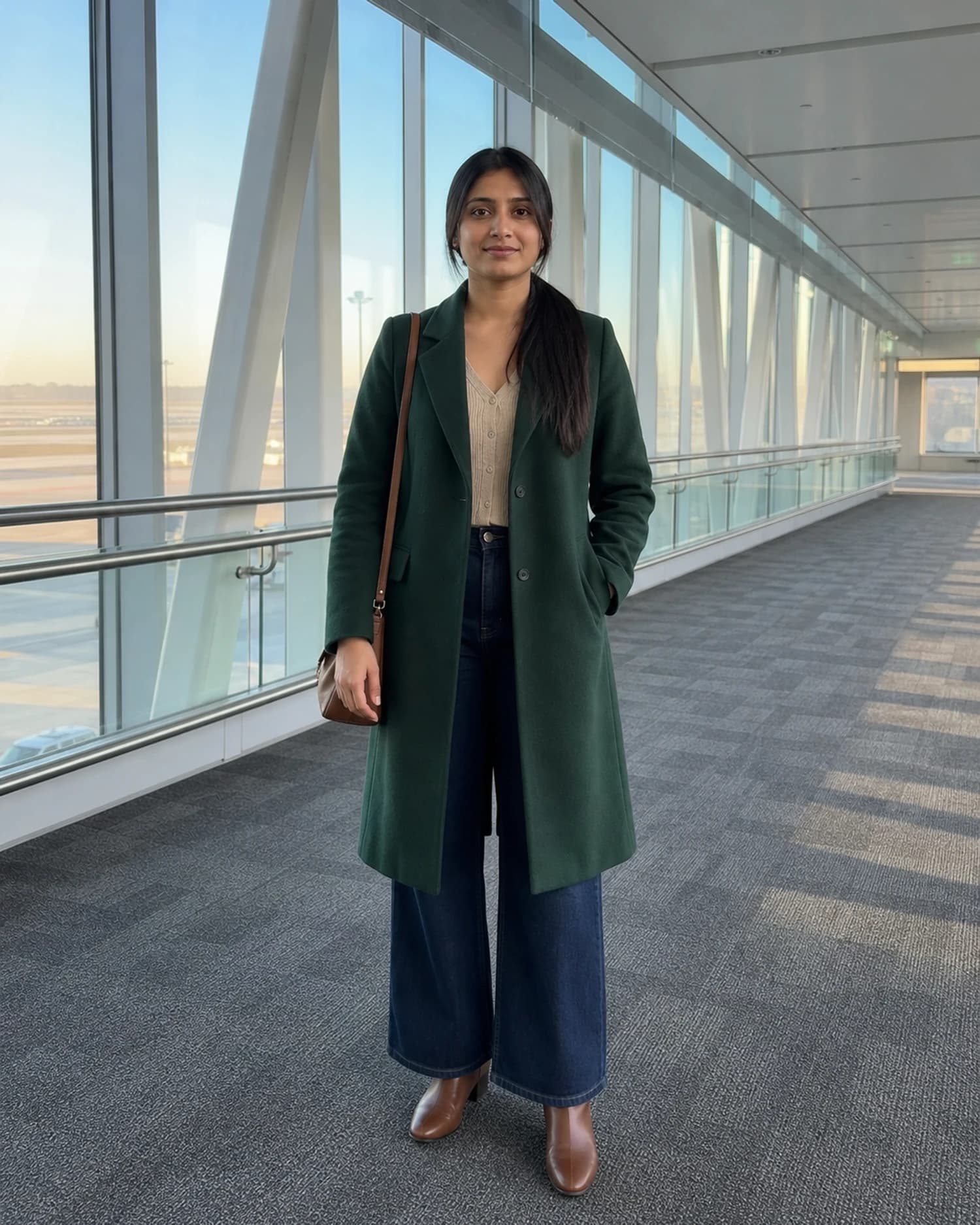 Full-body portrait of one adult in a green coat and wide-leg jeans inside a bright airport corridor