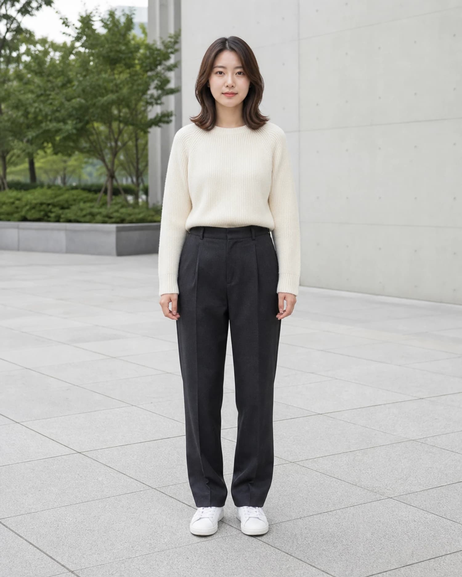 Retrato diurno de cuerpo completo de frente de un sujeto con jersey de punto crema, pantalones carbón y zapatos blancos junto a árboles y una pared de hormigón pálido