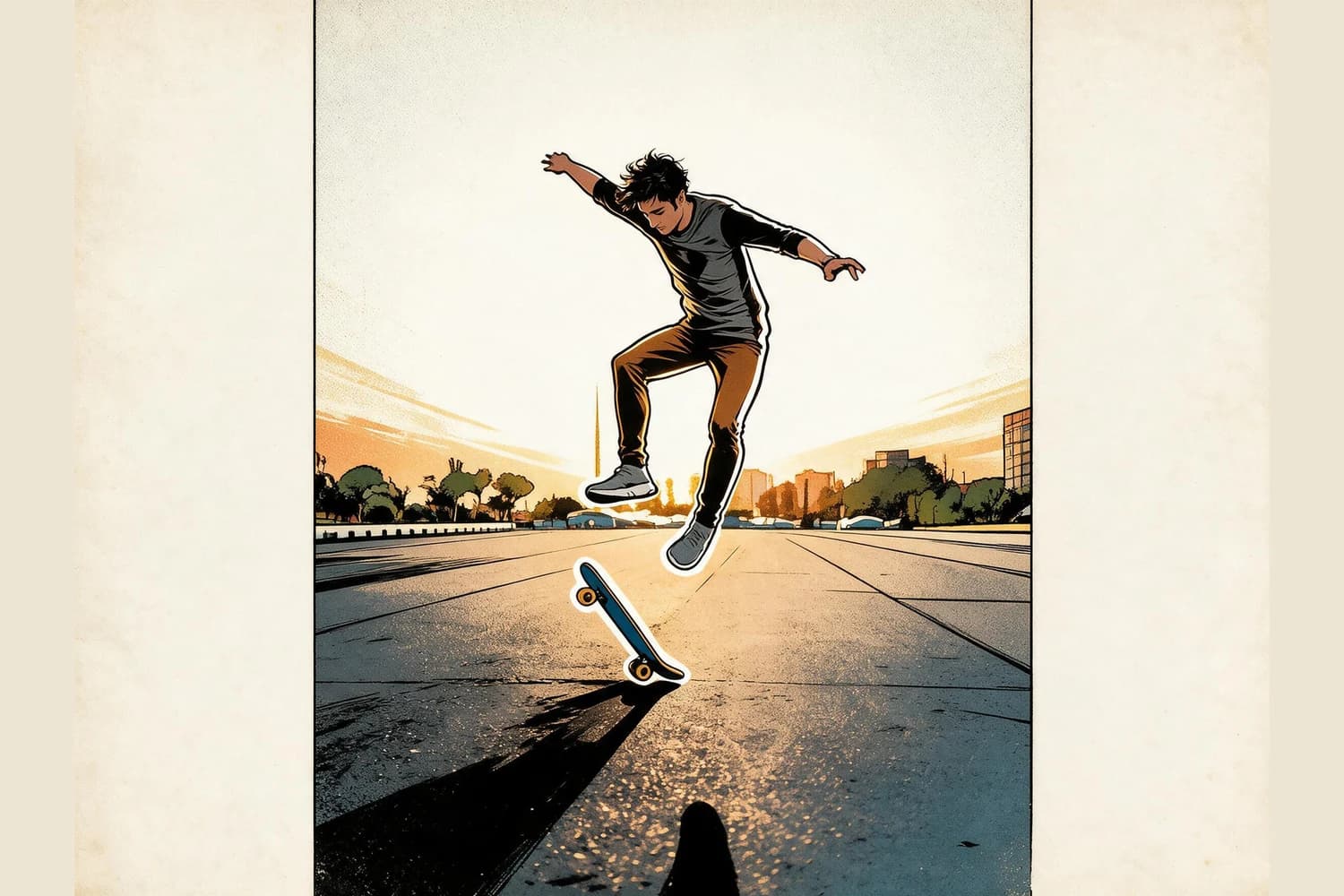 Convertir una foto de acción de skate en una viñeta de cómic retro sin alterar el truco