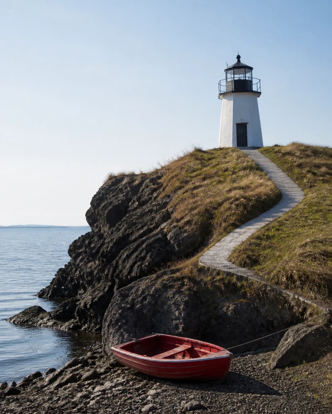 Coastal landmark photograph with a white lighthouse on a rocky headland, red boat on blue water, and pale curving path through the cliff terrain