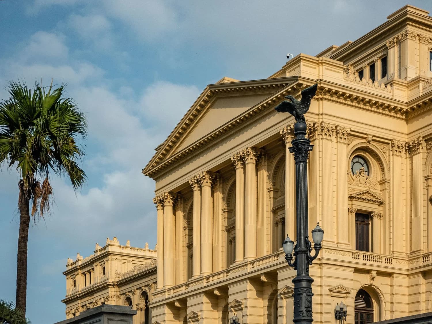 Original source photo of a neoclassical museum building in São Paulo with a palm tree on the left, dark lamppost in front, and wide blue sky above the roofline