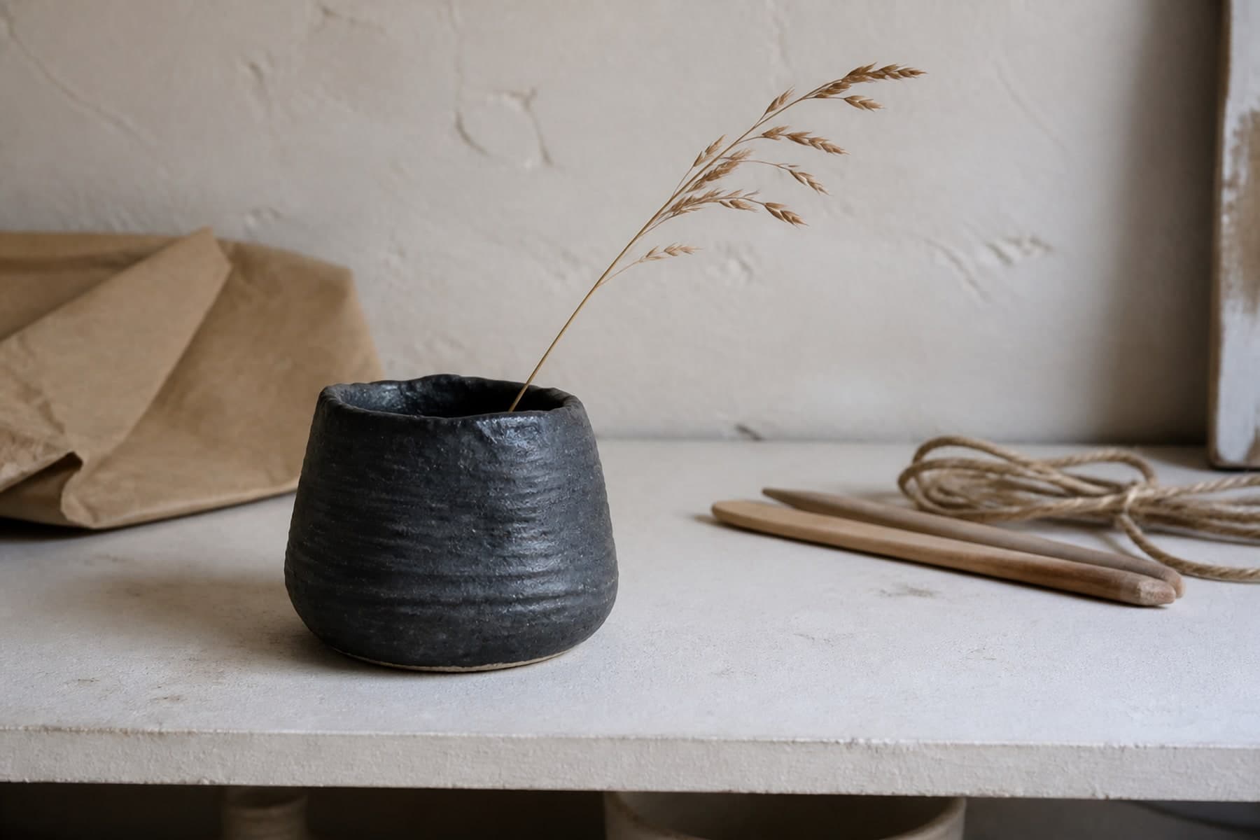 Original tabletop still life with black ceramic pot, dry grass stem, folded brown paper, two wooden sticks, and twine arranged on a neutral surface against a plain wall