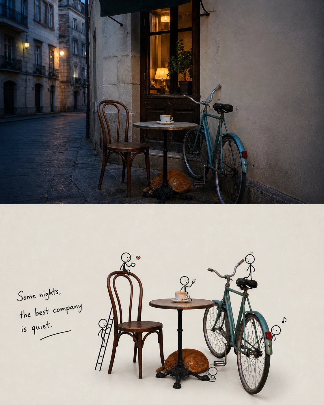 Generated photo-and-doodle diptych showing the source scene above an illustrated interpretation