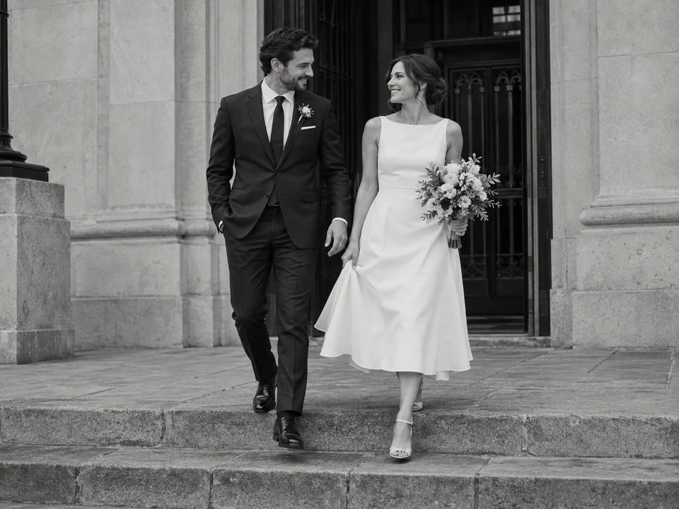 Fictional couple shown as a black-and-white city hall wedding style reference